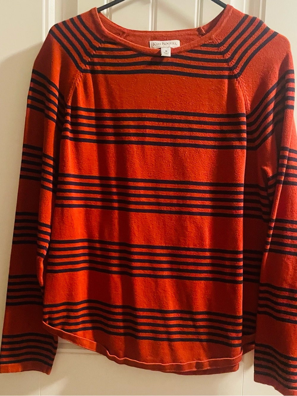 Kim Rogers Women’s Medium Orange Navy Blue Striped Knit Sweater Long Sleeve